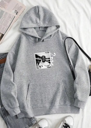 Tupac Baskılı Kapüşonlu Sweatshirt
