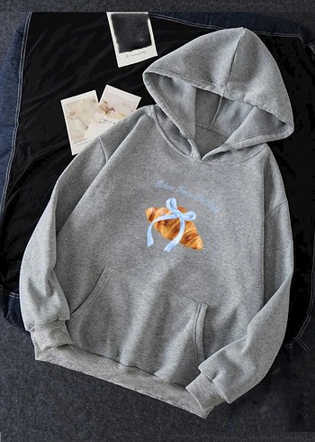 Kruvasan Baskılı Kapüşonlu Sweatshirt