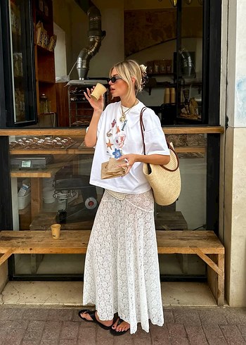 m Beden beyaz Renk Sea Baskılı Oversize T-shirt