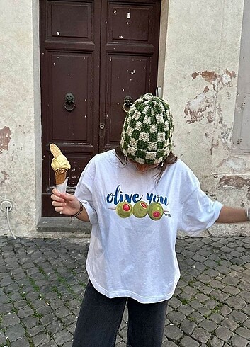 Vintage Love Olive You Baskılı Oversize T-shirt