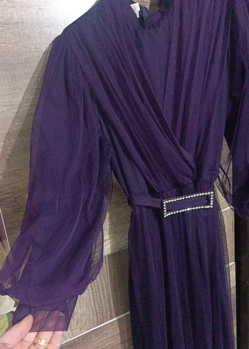 Mor Uzun Kollu Kadın Abiye Elbise - Görsel 4