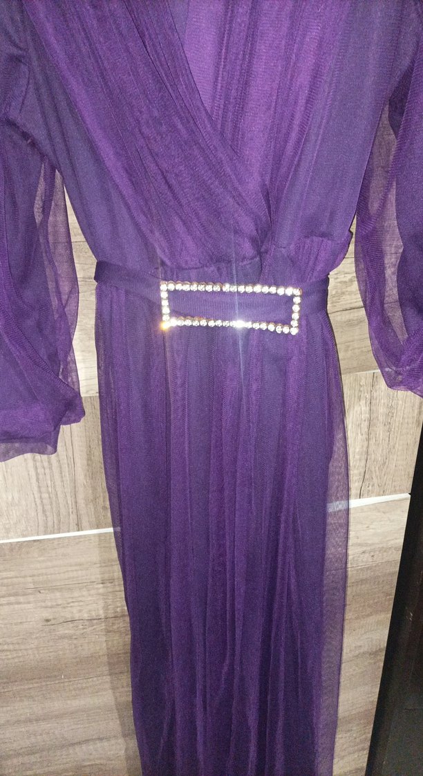 Mor Uzun Kollu Kadın Abiye Elbise - Görsel 3