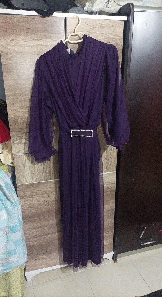 Mor Uzun Kollu Kadın Abiye Elbise - Görsel 2