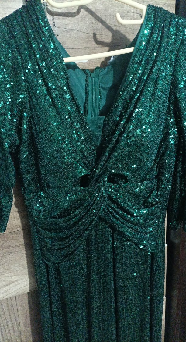 Yeşil Parlak Yılan Desenli Uzun Abiye Elbise - Görsel 3