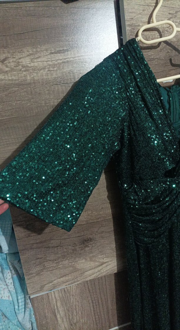 Yeşil Parlak Yılan Desenli Uzun Abiye Elbise - Görsel 2