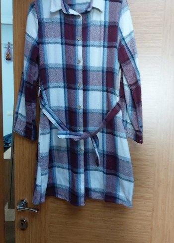 Düğmeli Uzun Bordo Ekose Tunik - Görsel 6