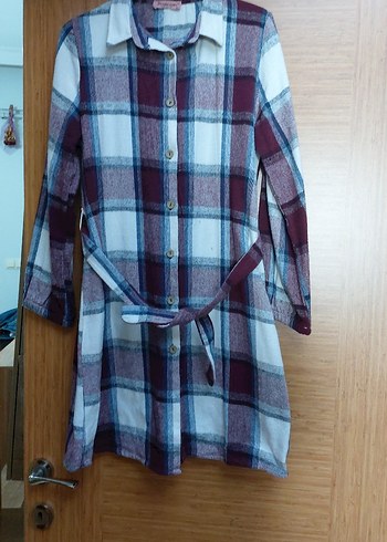 Düğmeli Uzun Bordo Ekose Tunik - Görsel 7