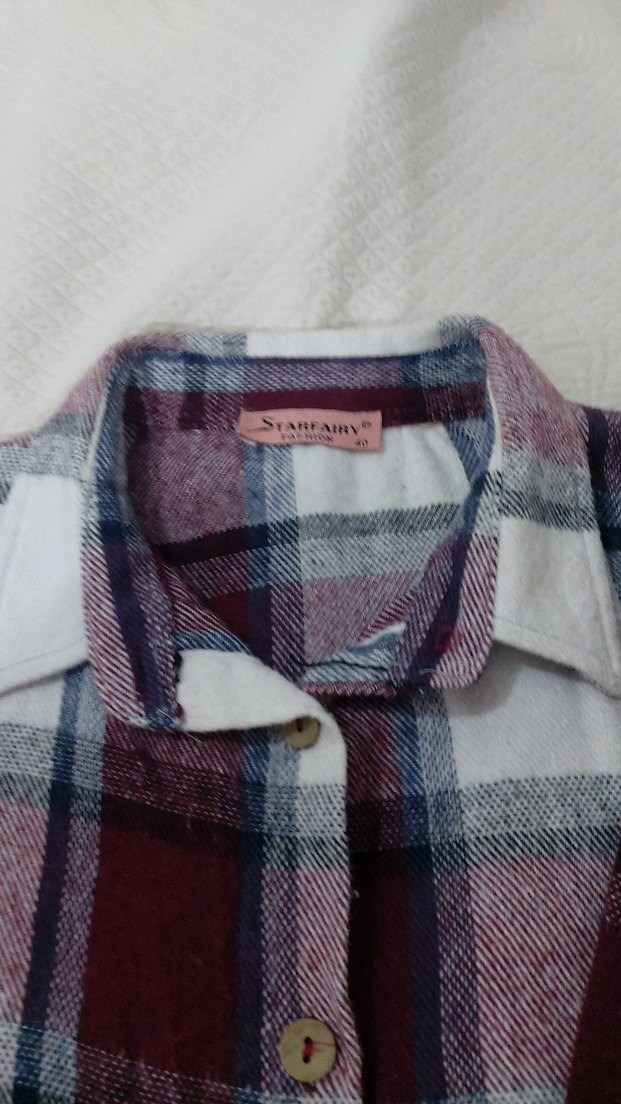 Düğmeli Uzun Bordo Ekose Tunik - Görsel 4