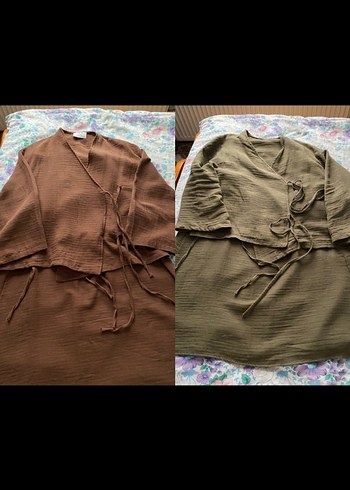 Kahverengi Keten Midi Bohem Kuşaklı Kimono