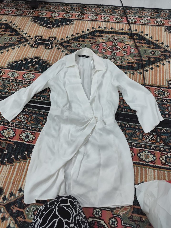 Zara Beyaz Midi Kadın Salaş Saten Elbise - Görsel 3