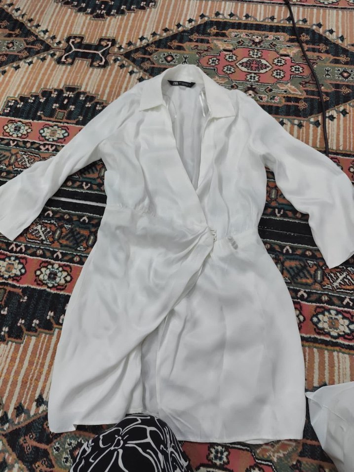 Zara Beyaz Midi Kadın Salaş Saten Elbise - Görsel 4