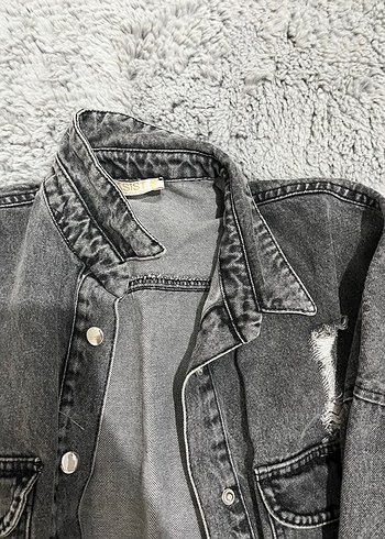 Diğer Gri Uzun Kesim Düğmeli Kadın Denim Ceket