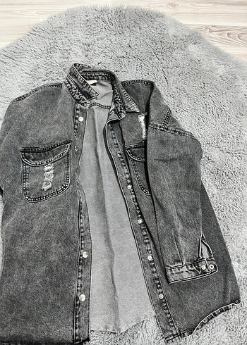 Gri Uzun Kesim Düğmeli Kadın Denim Ceket