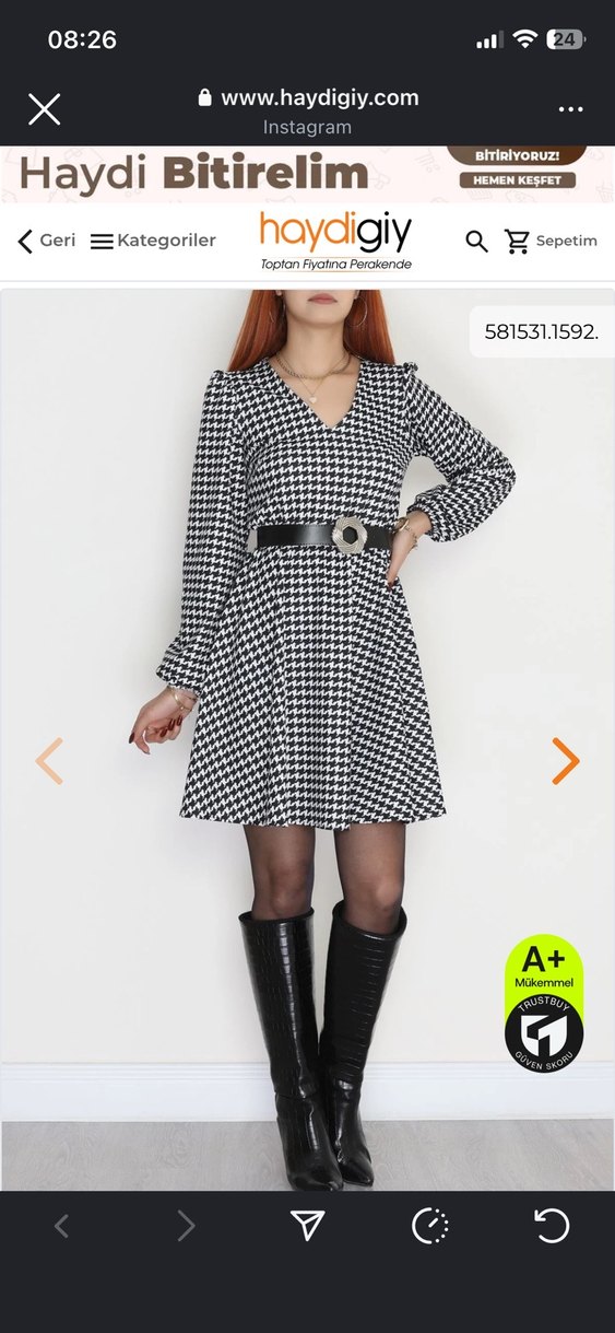 Gri Ekose V Yaka Midi Elbise - Görsel 2