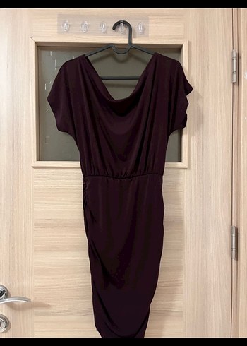 V Yaka Mor Drapeli Midi Elbise - Görsel 4