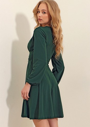 V Yaka Yeşil Midi Kadın Elbise - Görsel 3