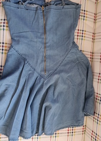 Diğer Mavi Denim Midi Straplez Elbise
