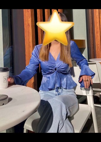 s Beden mavi Renk Mavi V Yaka Uzun Kollu Saten Bluz