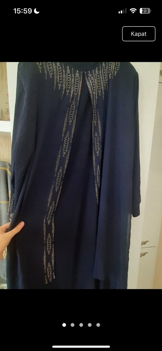 Nakış Detaylı lacivert Uzun Kadın Elbise - Görsel 2