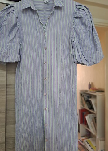 Mor Çizgili, Pilili, V Yaka, Salaş Kadın Gömlek elbise - Görsel 2