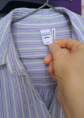 Mor Çizgili, Pilili, V Yaka, Salaş Kadın Gömlek elbise - Görsel 3