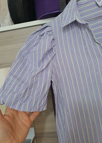 Mor Çizgili, Pilili, V Yaka, Salaş Kadın Gömlek elbise - Görsel 4