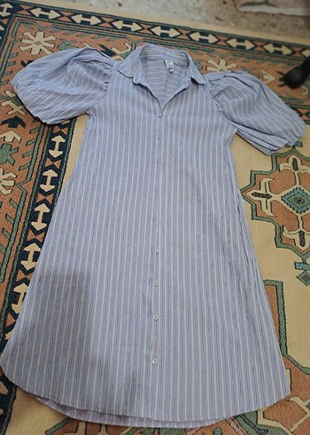 Mor Çizgili, Pilili, V Yaka, Salaş Kadın Gömlek elbise - Görsel 8