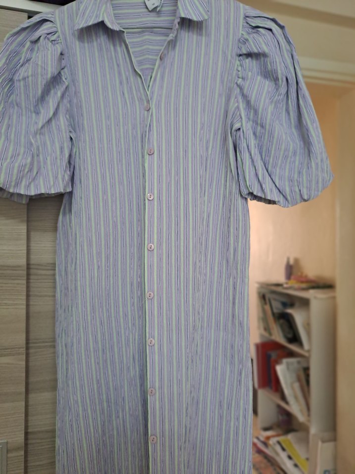 Mor Çizgili, Pilili, V Yaka, Salaş Kadın Gömlek elbise - Görsel 2