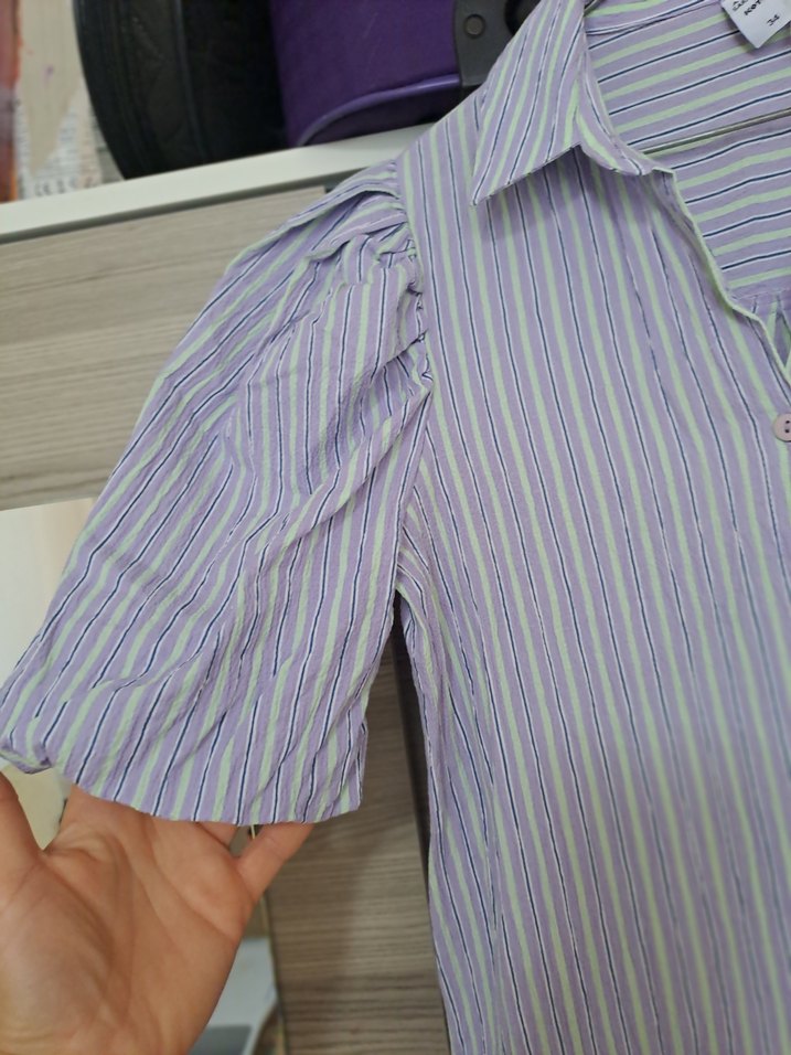 Mor Çizgili, Pilili, V Yaka, Salaş Kadın Gömlek elbise - Görsel 4