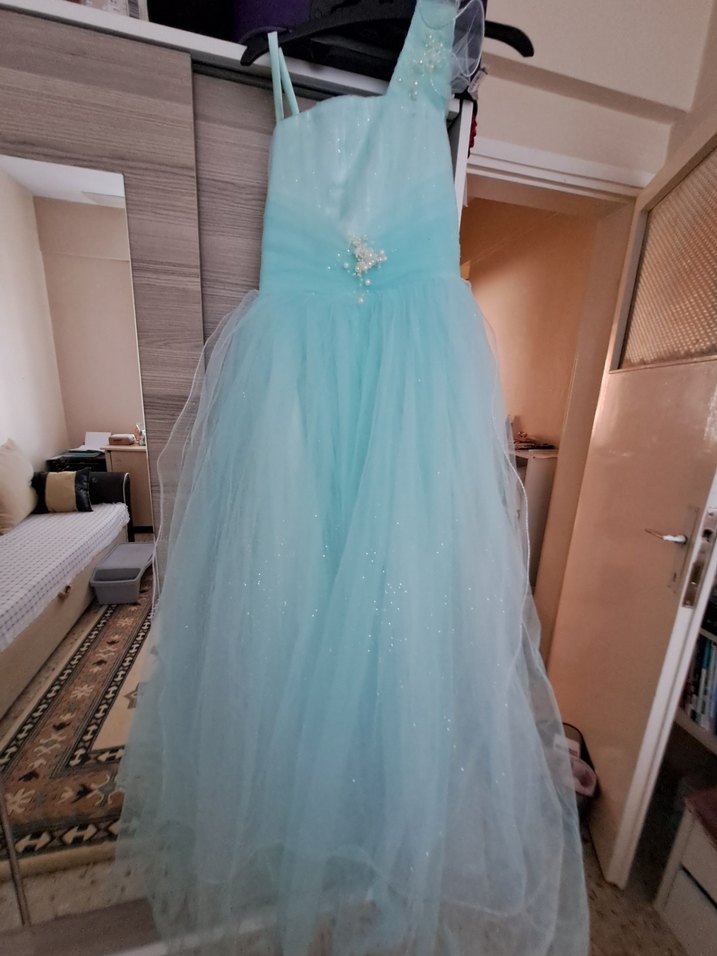 Mavi Bohem Kız Elbisesi, Drapeli, Askılı - Görsel 2