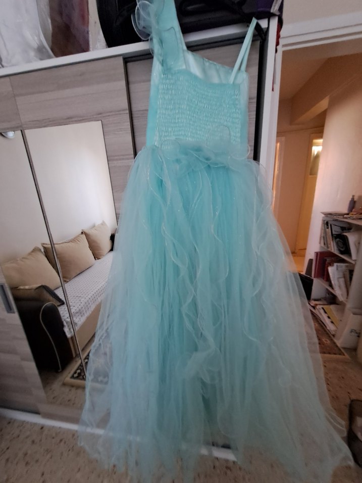 Mavi Bohem Kız Elbisesi, Drapeli, Askılı - Görsel 4