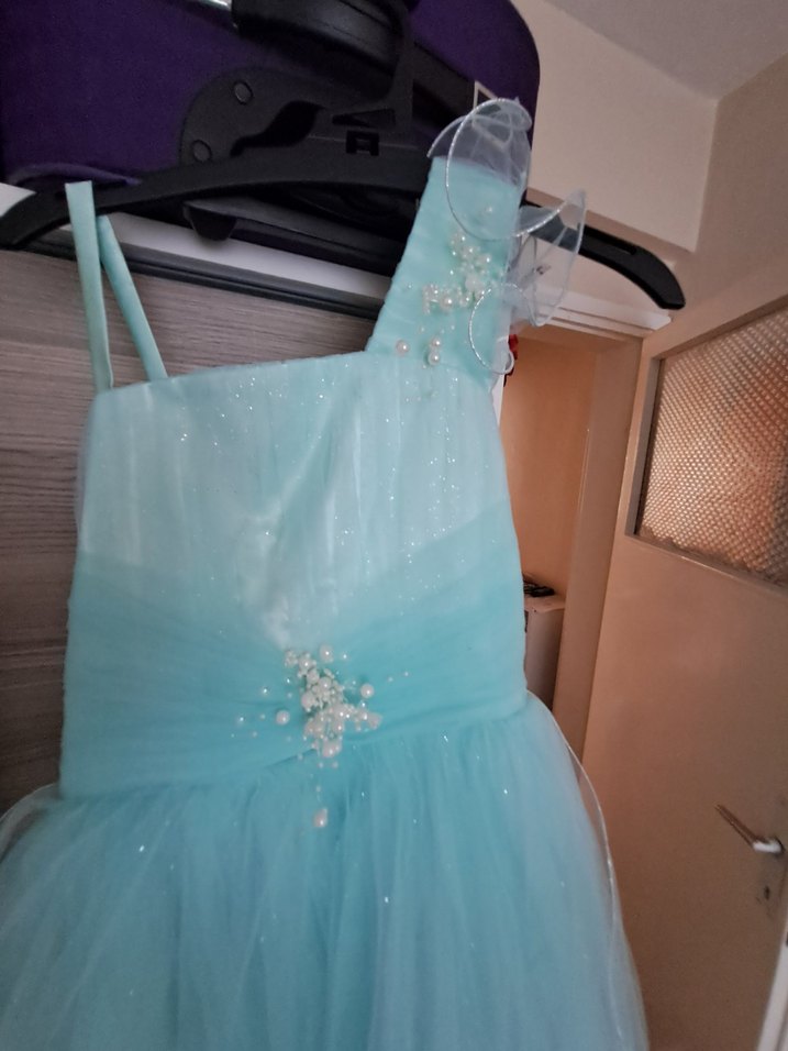 Mavi Bohem Kız Elbisesi, Drapeli, Askılı - Görsel 3