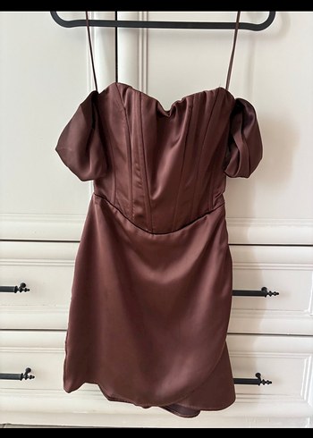 Bershka Kahverengi Drapeli Straplez Mini Elbise