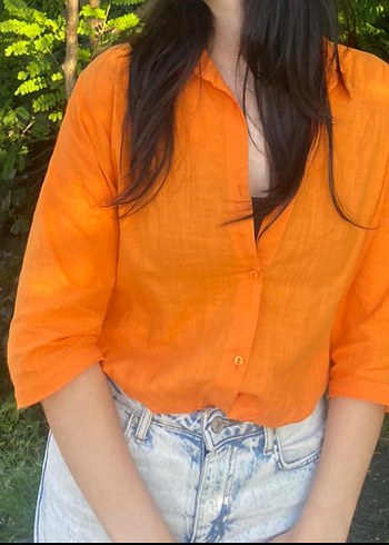 Turuncu Düğmeli Keten Gömlek - Görsel 3