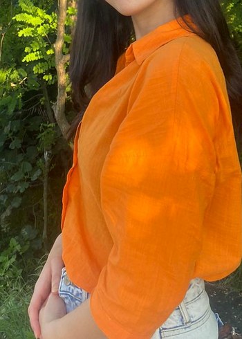 Turuncu Düğmeli Keten Gömlek - Görsel 2