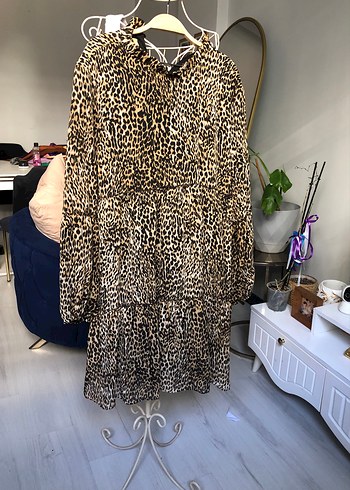 Kahverengi Leopar Desenli Uzun Kollu Mini Elbise - Görsel 2