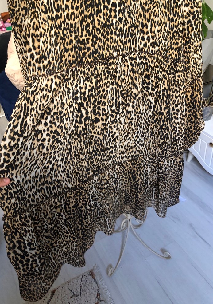 Kahverengi Leopar Desenli Uzun Kollu Mini Elbise - Görsel 4