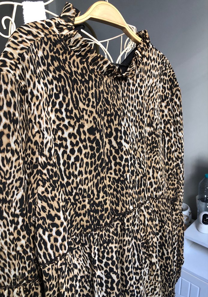 Kahverengi Leopar Desenli Uzun Kollu Mini Elbise - Görsel 5