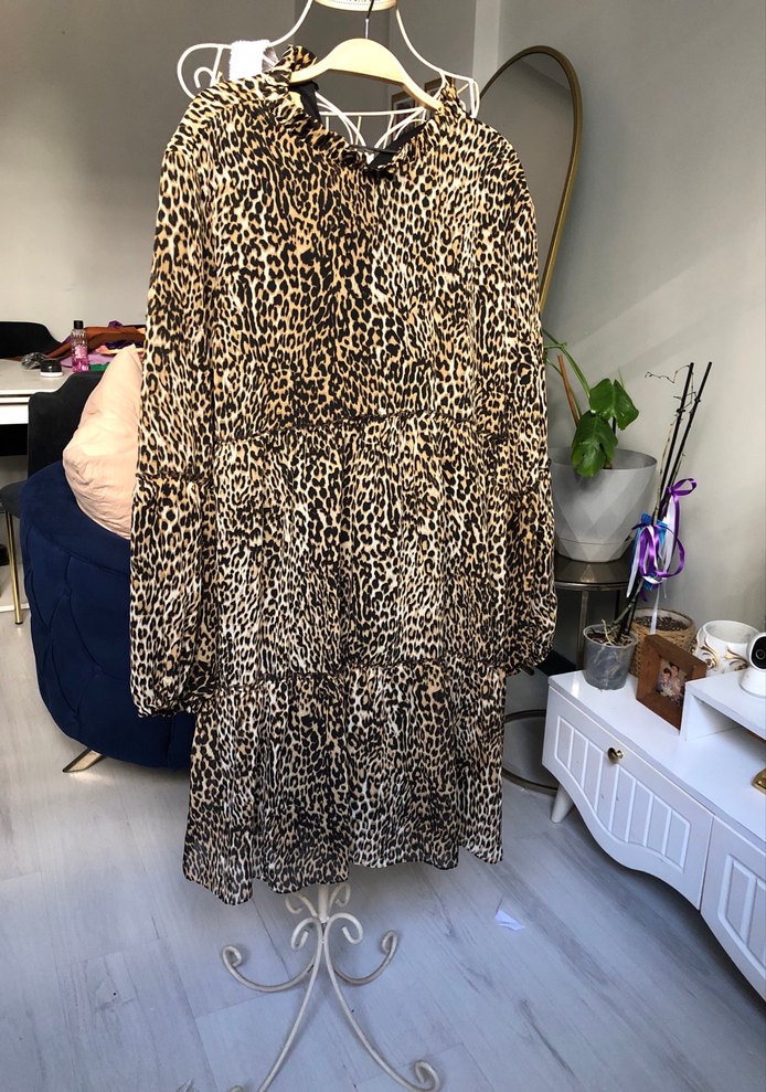 Kahverengi Leopar Desenli Uzun Kollu Mini Elbise - Görsel 2