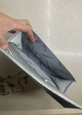 Zincir Detaylı Gri Gümüş Suni Deri Kadın Clutch Çanta - Görsel 3