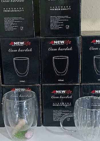 Bej Renkli Çizgili Cam Kupa çift cidarlı - Görsel 3