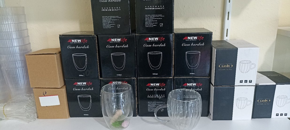 Bej Renkli Çizgili Cam Kupa çift cidarlı - Görsel 3