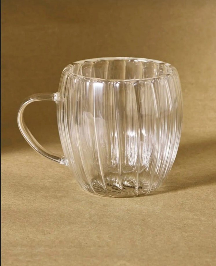 Bej Renkli Çizgili Cam Kupa çift cidarlı - Görsel 2