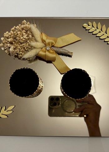 Altın Renkli Modern Klasik Çiçek Desenli söz nişan tepsisi - Görsel 2