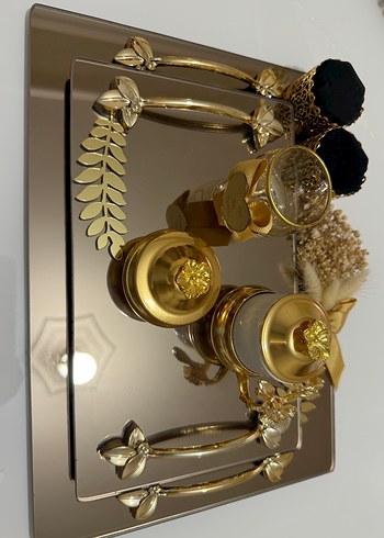 Altın Renkli Modern Klasik Çiçek Desenli söz nişan tepsisi - Görsel 4