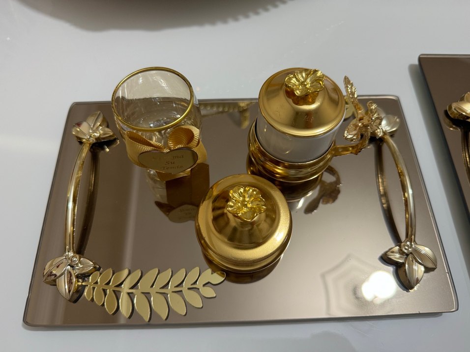 Altın Renkli Modern Klasik Çiçek Desenli söz nişan tepsisi - Görsel 3