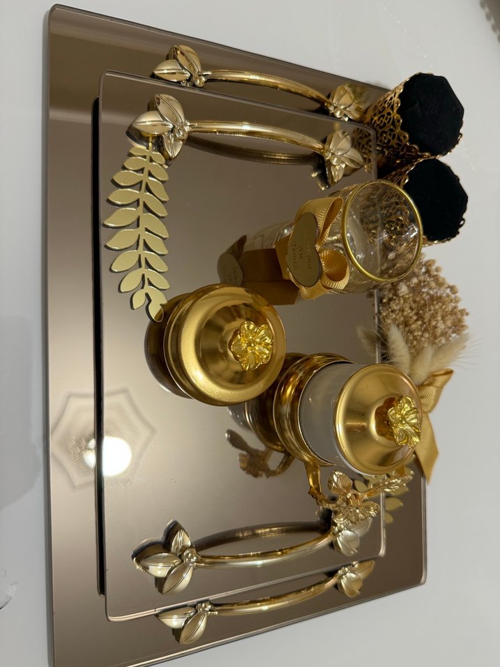 Altın Renkli Modern Klasik Çiçek Desenli söz nişan tepsisi - Görsel 4