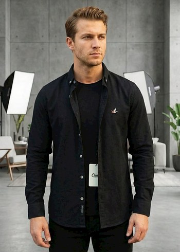 Düğmeli Yaka Siyah Erkek Uzun Kollu Gömlek - Görsel 2