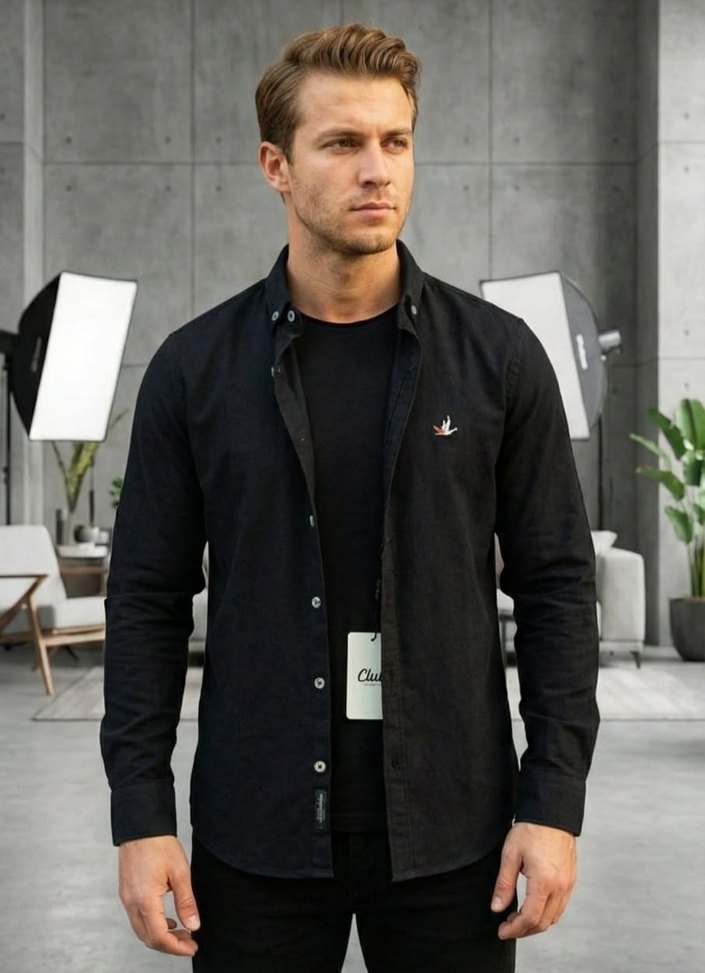 Düğmeli Yaka Siyah Erkek Uzun Kollu Gömlek - Görsel 2