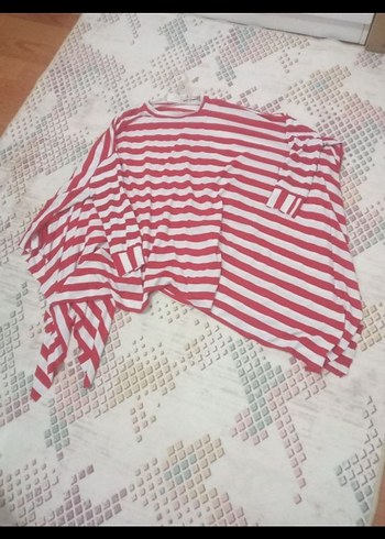 Kız Çocuk Kırmızı Çizgili Uzun Kollu Panço